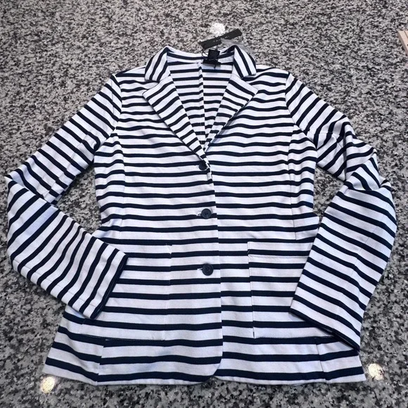 NWT TAHARI‎ Women's Striped Blazer Jacket Navy White Cotton Blend Size Medium - Picture 9 of 10